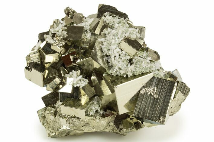 Gleaming Striated Cubic Pyrite Cluster with Quartz - Peru #337377
